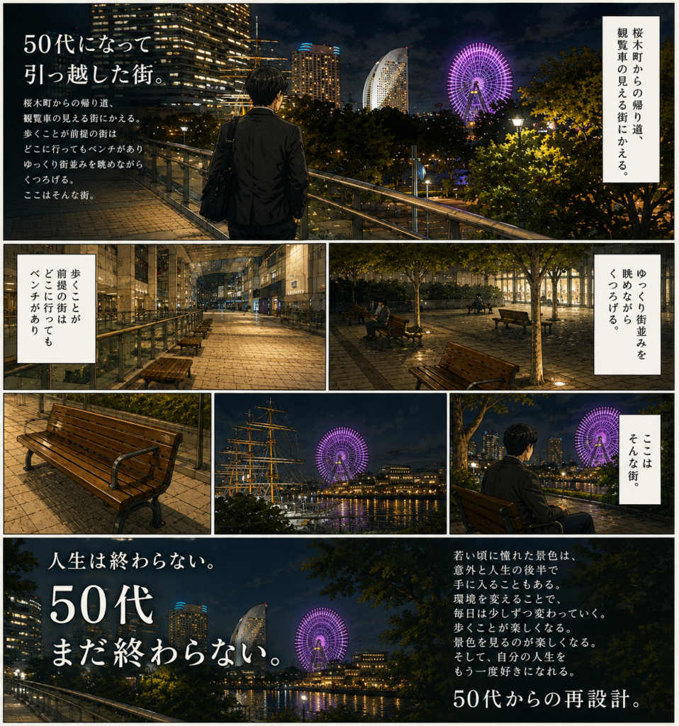 みなとみらいの夜景を眺めながら散歩できる遊歩道とベンチ