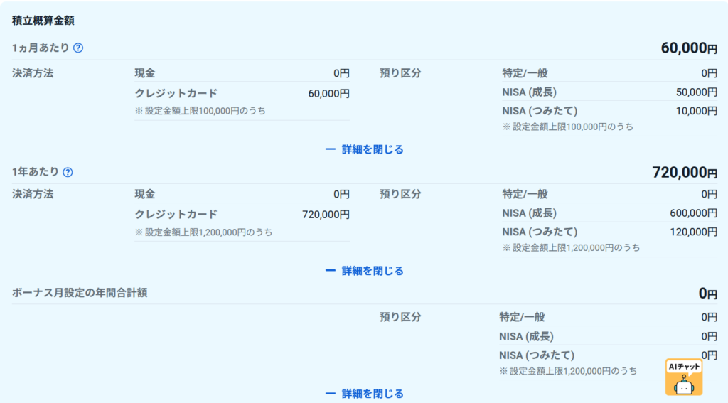 三井住友NLゴールドカードで毎月6万円を積み立てる設定画面