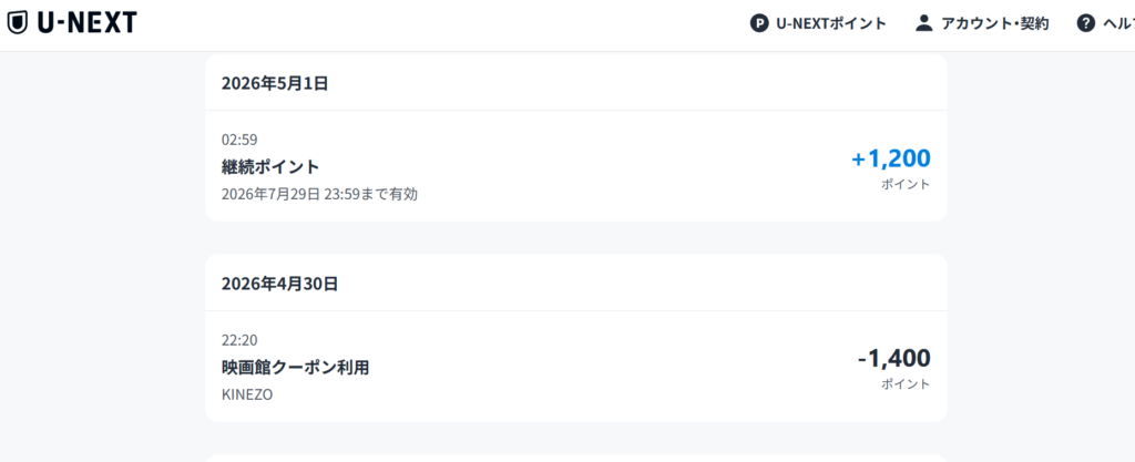 U-NEXTポイントを映画チケットへ交換した利用履歴