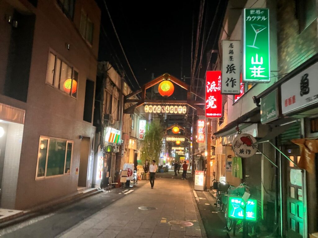 飲食店の看板が並ぶ夜の野毛の飲み屋街