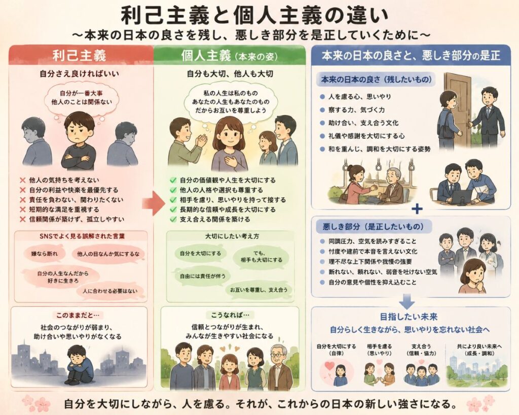 利己主義と個人主義の違いの説明イラスト。