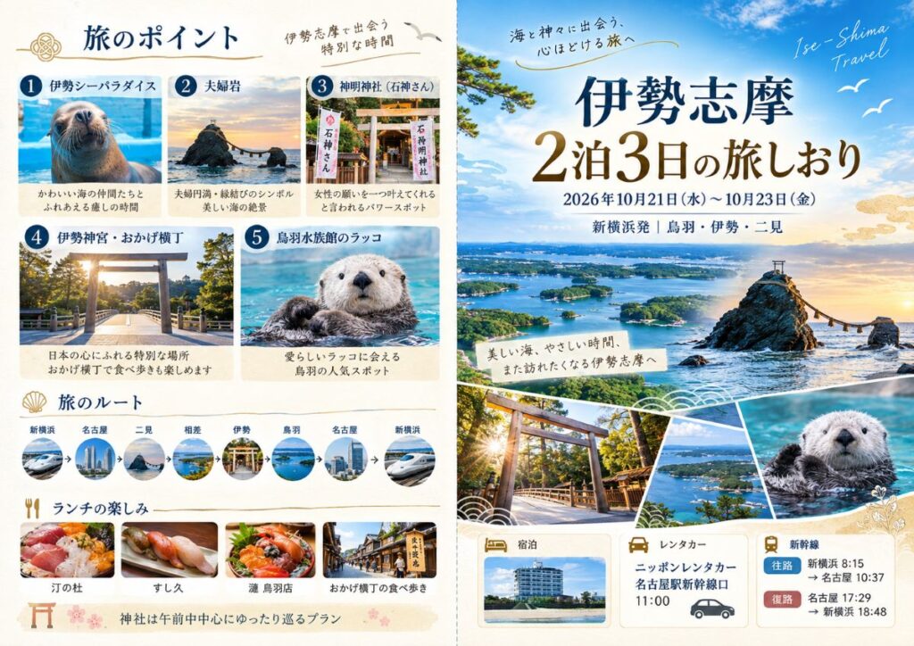 伊勢志摩2泊3日旅行のために作成した旅のしおり。観光地や食事、宿泊先を写真付きでまとめた旅行計画